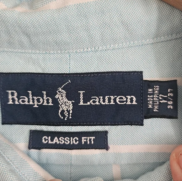 Ralph Lauren Sky Blue White Stripe Pony Logo Classic Dress Shirt, 17 (36/37) - Picture 5 of 7